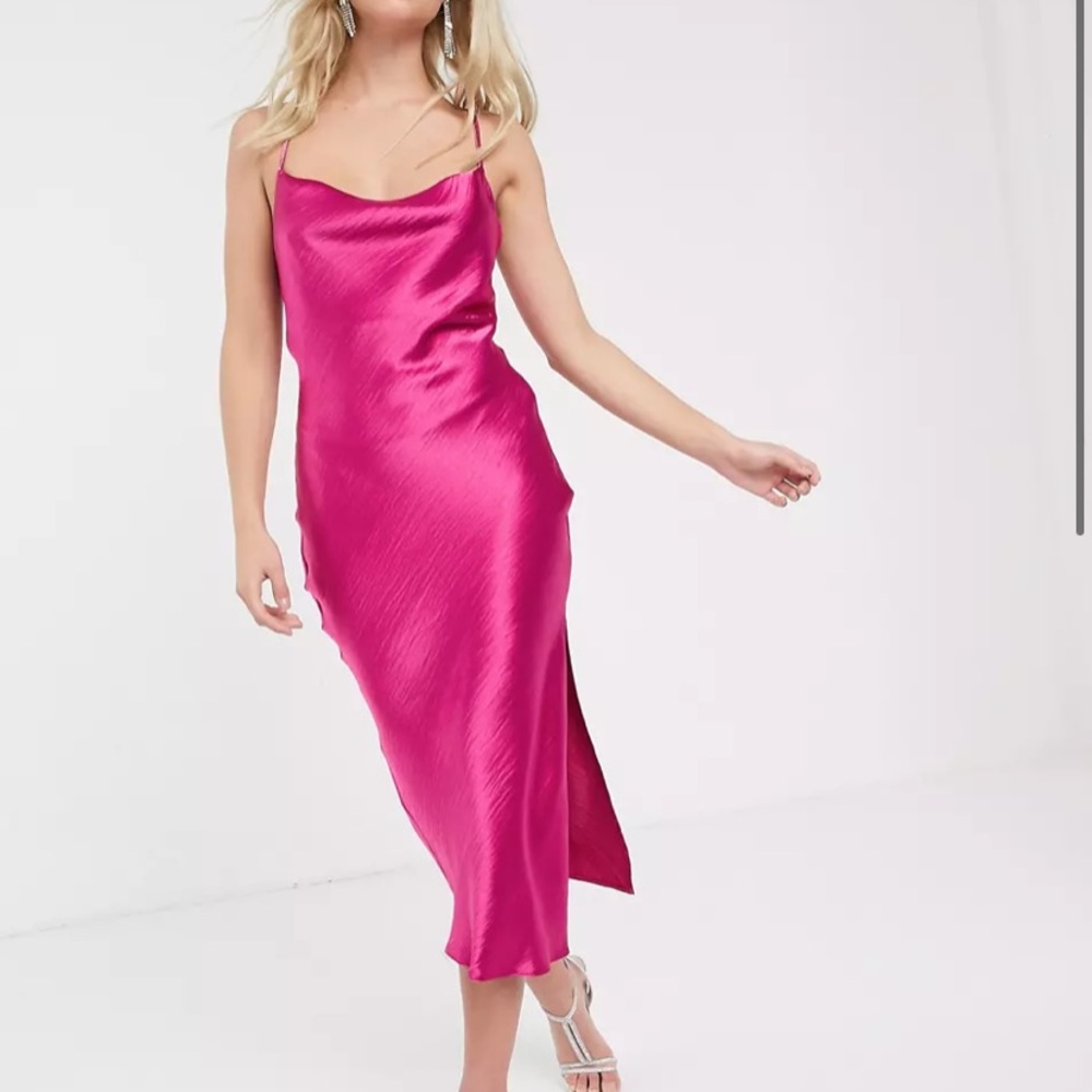 Sz 4 ASOS cami midi slip dress in high shine satin w/ lace up back fuchsia pink